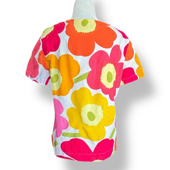 Handmade Mod Floral Square Neck Cotton Top OOAK Pink Orange Yellow Short Sleeve - Picture 5 of 9